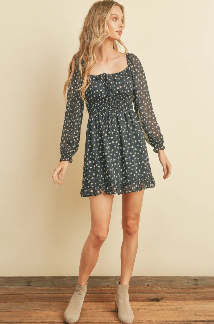 Dot and Floral Shirred Mini Dress