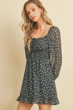 Dot and Floral Shirred Mini Dress