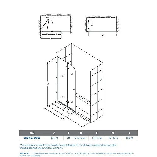 DreamLine SHDR-3634720-01 Shower Door, 33.5" W x 72" H, Chrome