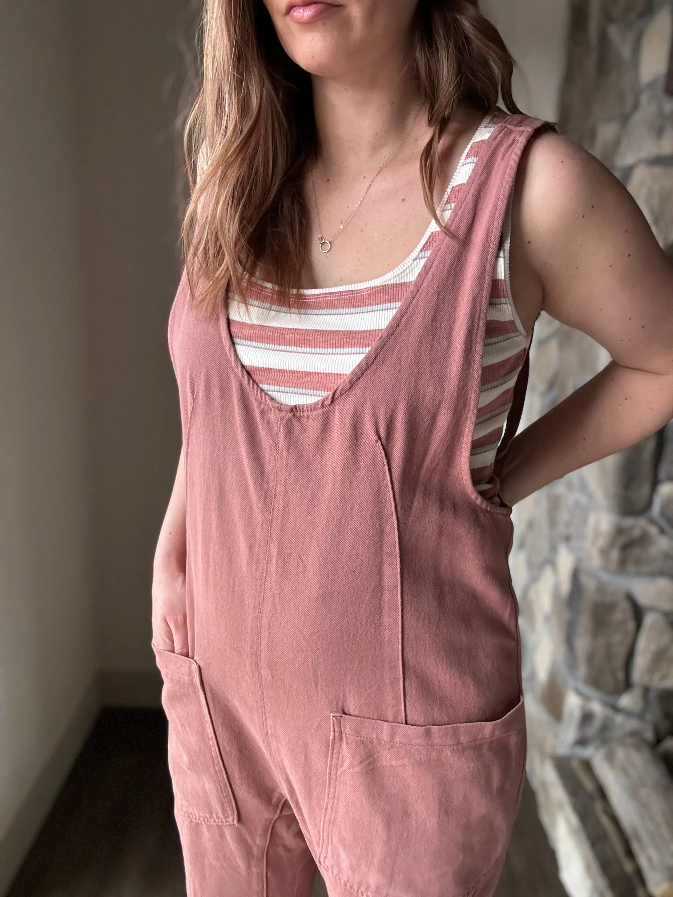 dusty rose high roller jumpsuit