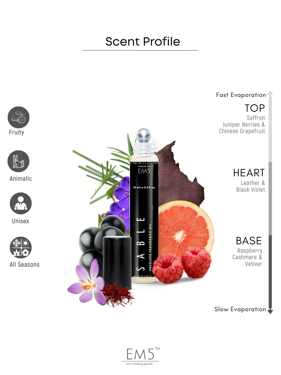 EM5™ Sable Perfume Oil Roll On (Attar) 90% Concentrate Non-Alcoholic for Men and Women, Strong and Long Lasting | Fruity Leather Aromatic Fragrance Perfume Oil | 10ml Roll-On Easy to Carry and Travel Friendly