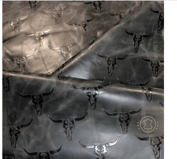 Embossed LEATHER Sheets, Charcoal Black Pull Up Longhorn Embossed | 12"x12", 12"x18", 12"x24" Precuts Sheets for Crafts