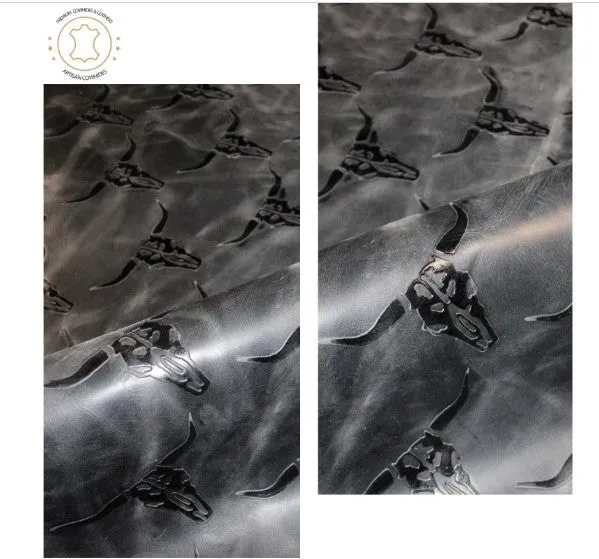 Embossed LEATHER Sheets, Charcoal Black Pull Up Longhorn Embossed | 12"x12", 12"x18", 12"x24" Precuts Sheets for Crafts