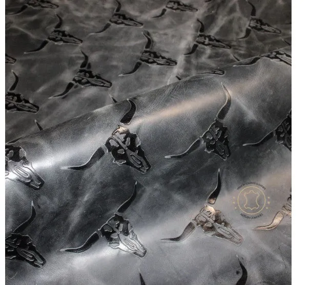 Embossed LEATHER Sheets, Charcoal Black Pull Up Longhorn Embossed | 12"x12", 12"x18", 12"x24" Precuts Sheets for Crafts