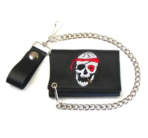 Embroidered Soft Tri-Fold Wallet w/ Chain- Pirate Skull