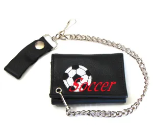 Embroidered Soft Tri-Fold Wallet w/ Chain- Soccer