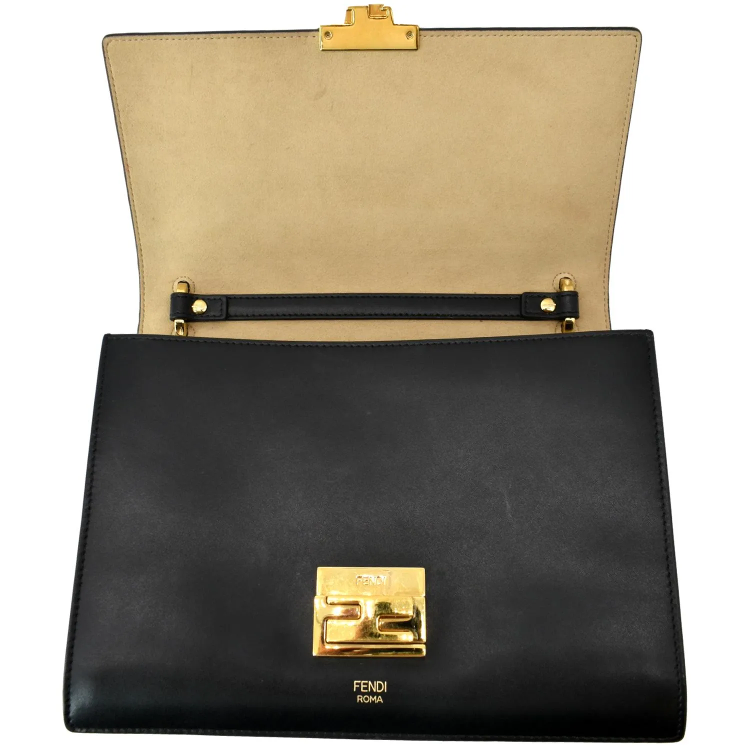 FENDI Kan I FF Logo Embossed Leather Crossbody Bag Brown