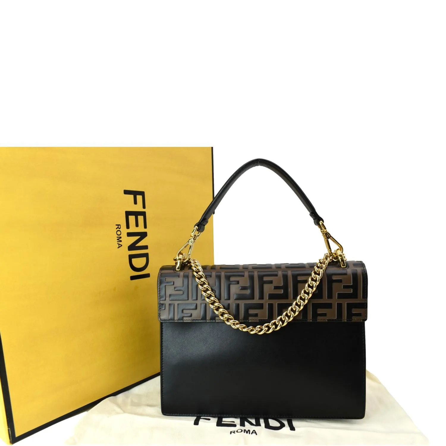 FENDI Kan I FF Logo Embossed Leather Crossbody Bag Brown