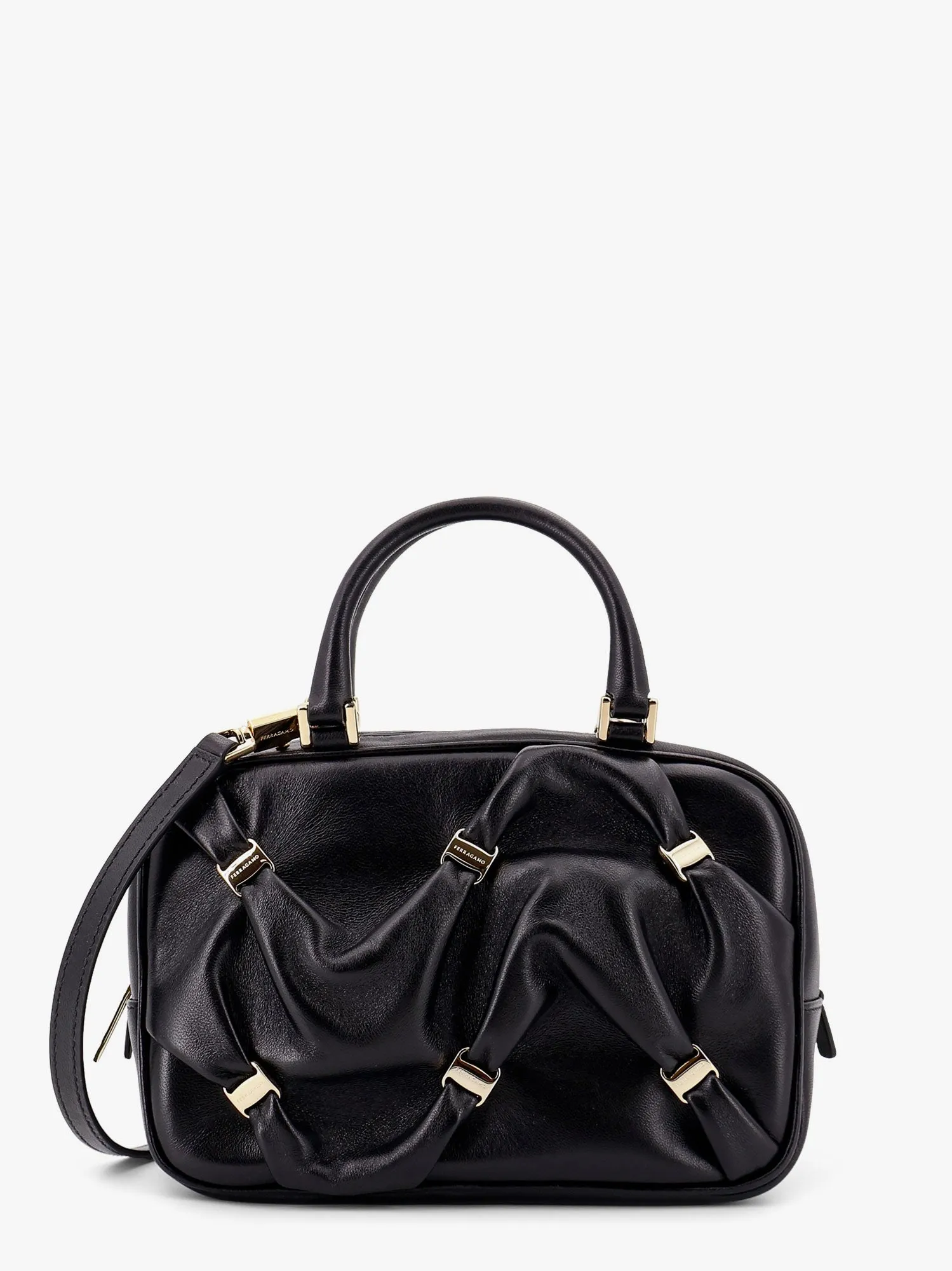 Ferragamo Leather Handbag With Draped Details Secured By Mini Vara Bows