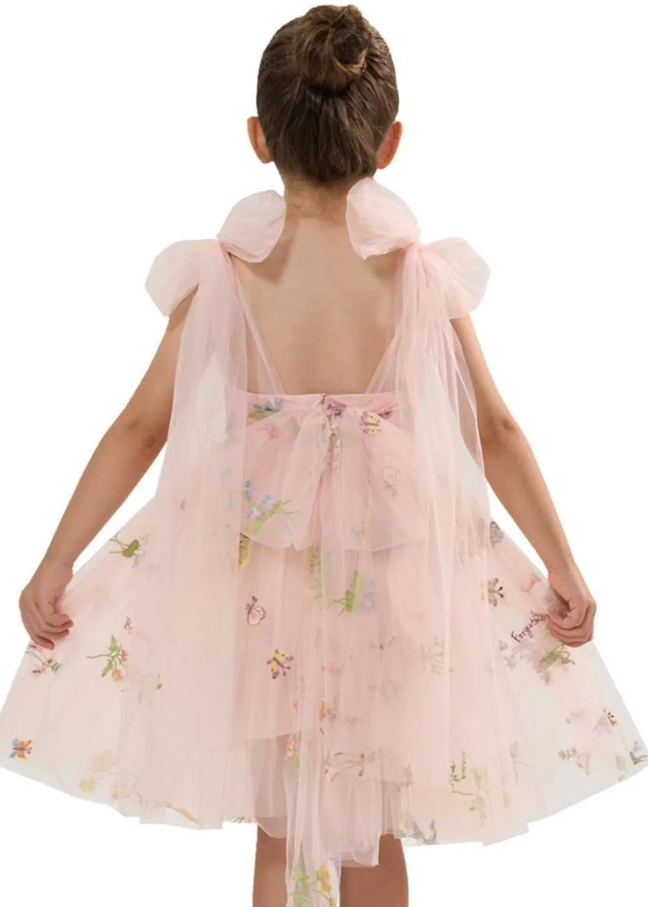 Floral Embroidered Tulle Strap Girl Dress in Pink Knee