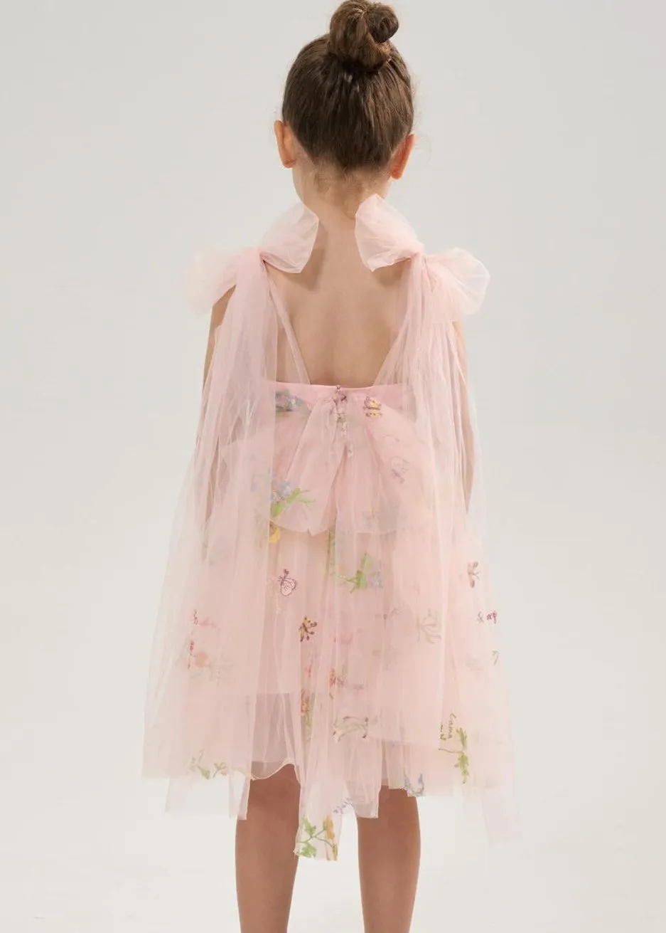 Floral Embroidered Tulle Strap Girl Dress in Pink Knee