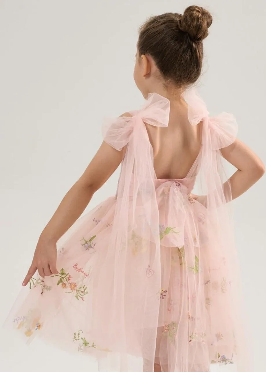 Floral Embroidered Tulle Strap Girl Dress in Pink Knee