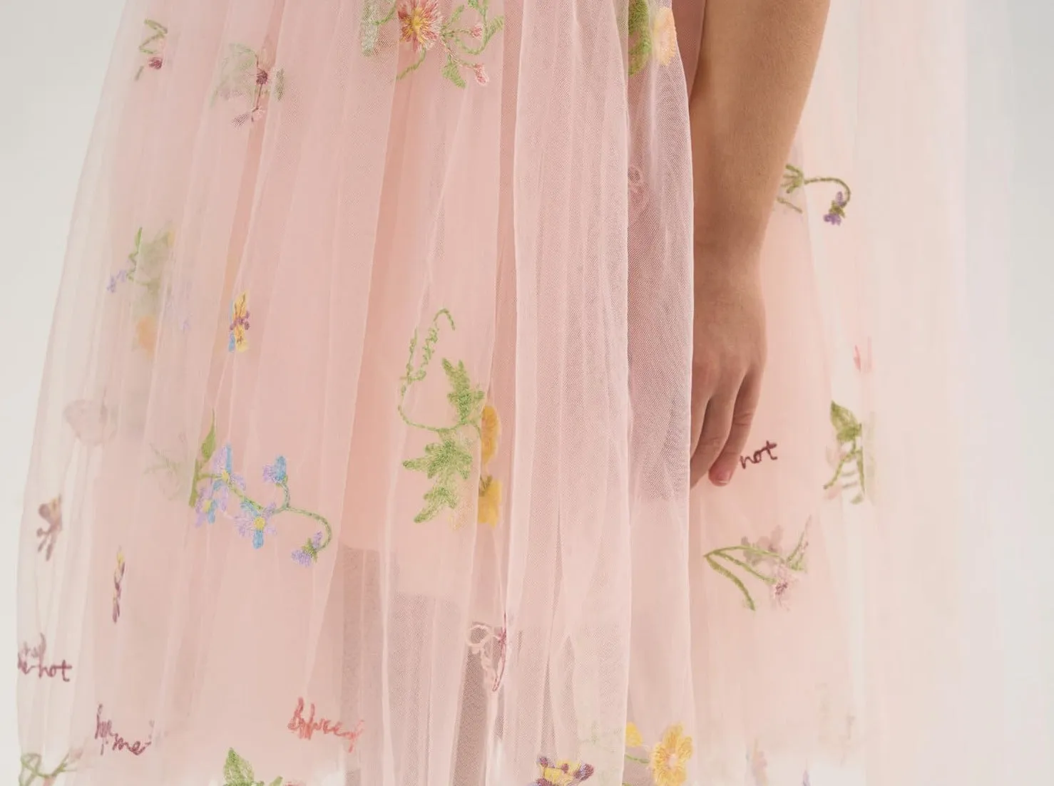 Floral Embroidered Tulle Strap Girl Dress in Pink Knee