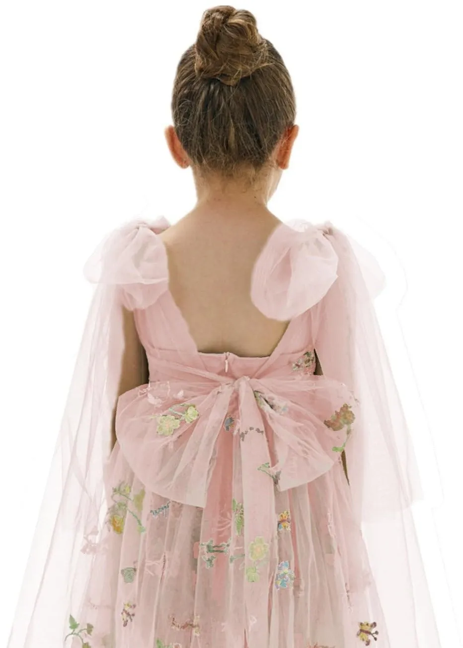 Floral Embroidered Tulle Strap Girl Dress in Pink Knee