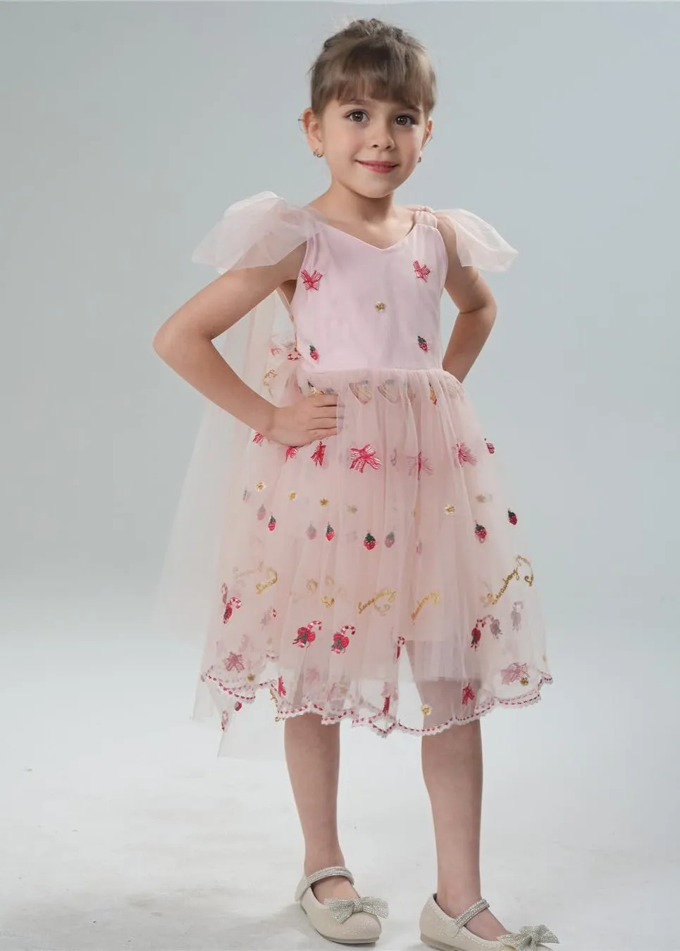 Floral Embroidered Tulle Strap Girl Dress in Pink Strawberry Knee