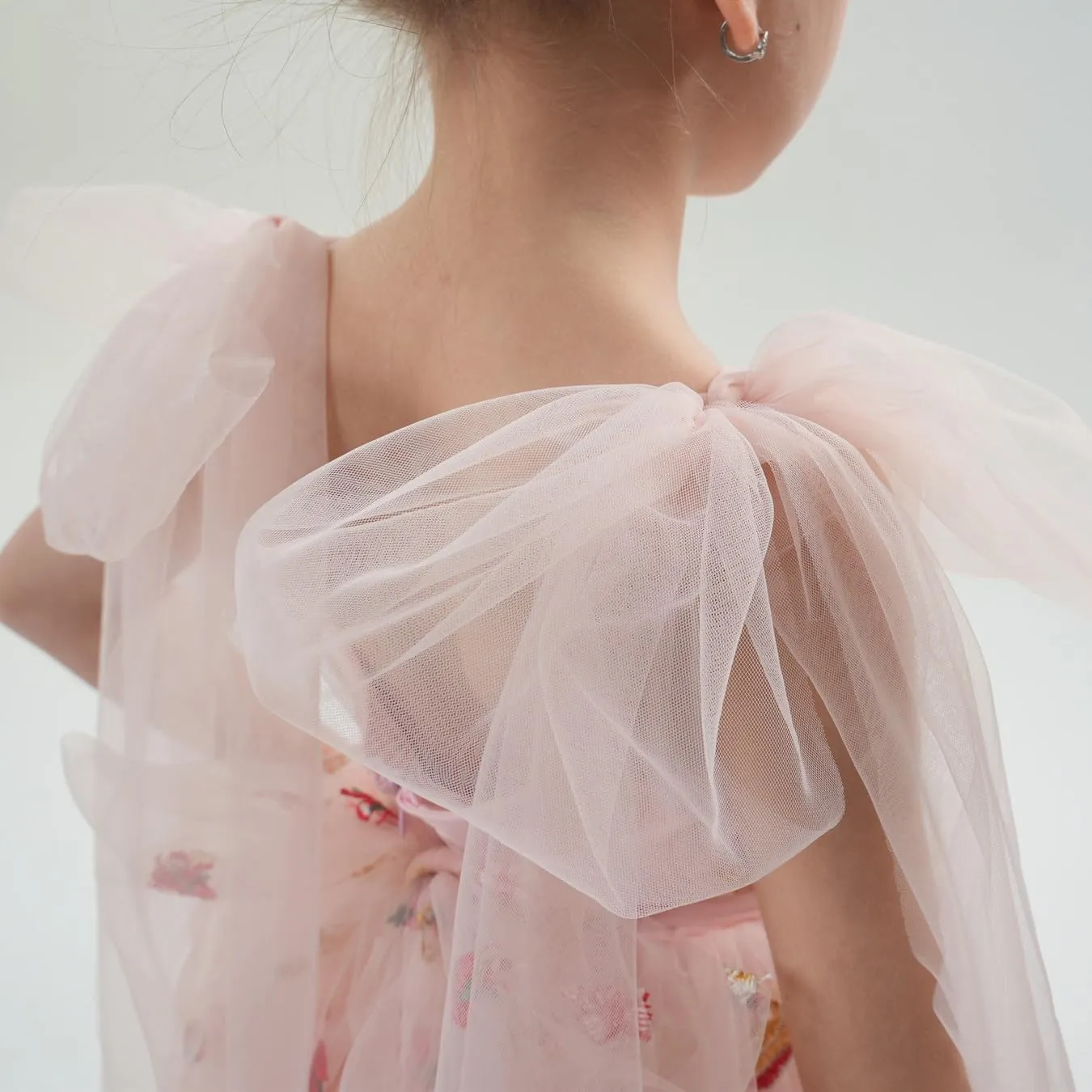 Floral Embroidered Tulle Strap Girl Dress in Pink Strawberry Knee