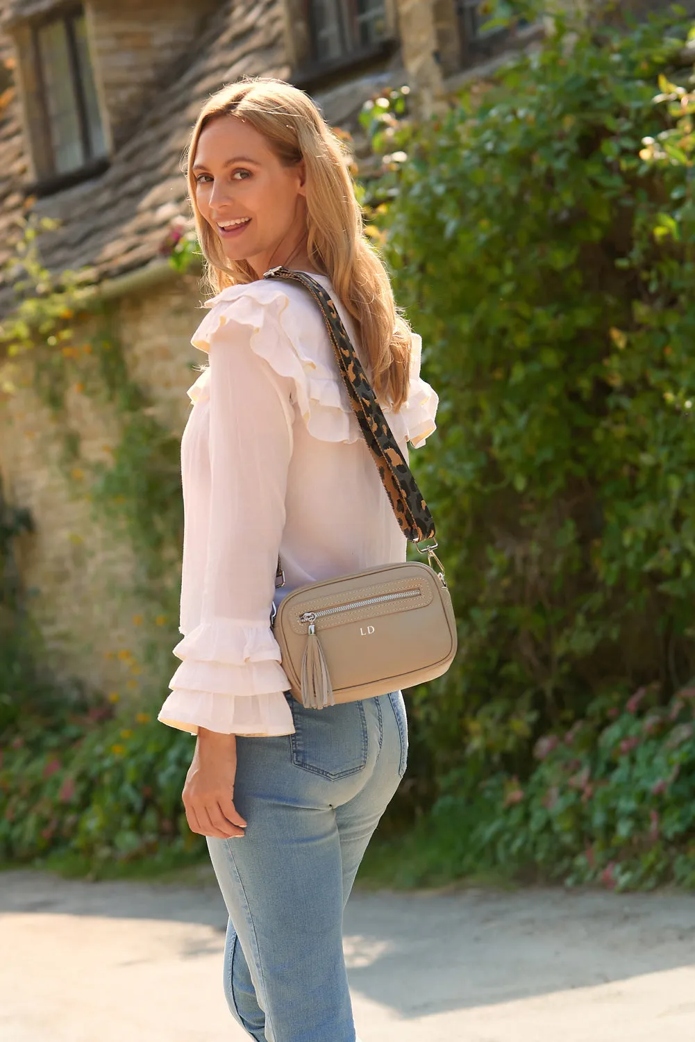 Florence Crossbody Bag in Beige with Dark Leopard Print Strap