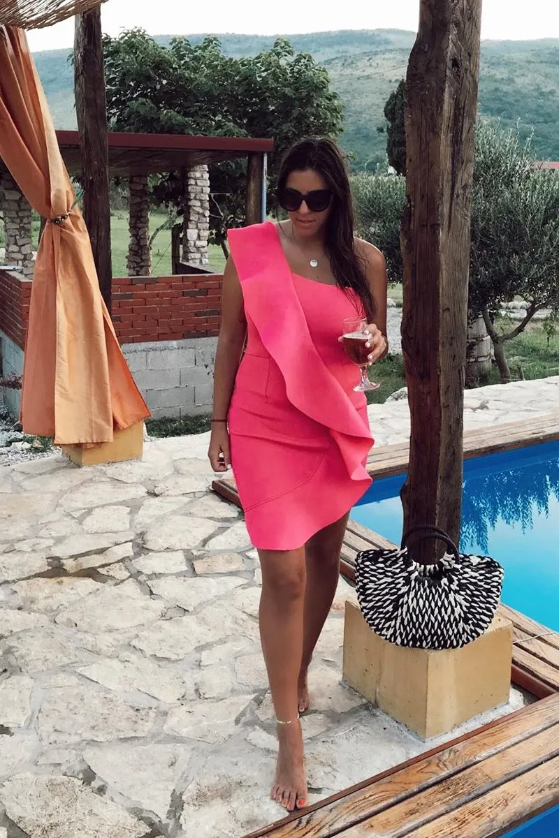 Fuchsia Scuba One Shoulder Ruffle Front Dress - Kyomi