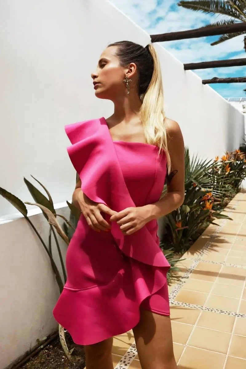 Fuchsia Scuba One Shoulder Ruffle Front Dress - Kyomi