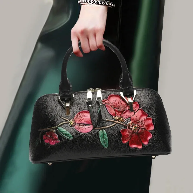 Garden Charm Leather Satchel Handbag - Black/Green/Maroon - One Size