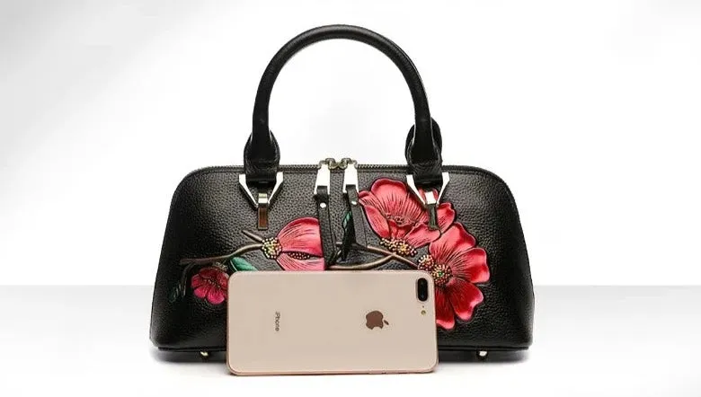 Garden Charm Leather Satchel Handbag - Black/Green/Maroon - One Size