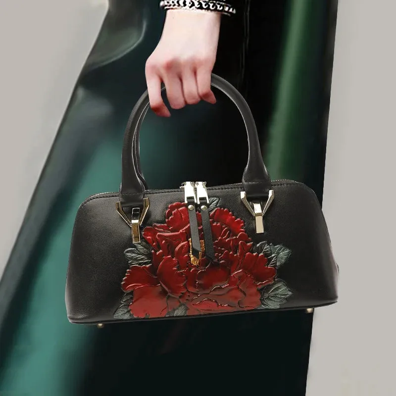 Garden Charm Leather Satchel Handbag - Black/Green/Maroon - One Size