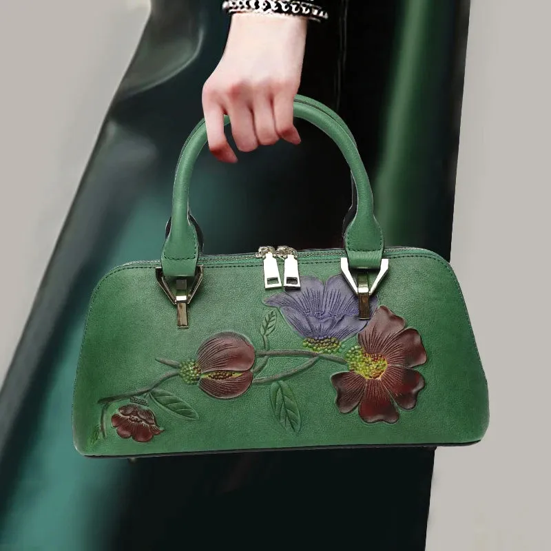 Garden Charm Leather Satchel Handbag - Black/Green/Maroon - One Size