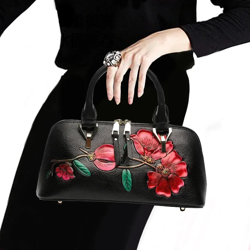 Garden Charm Leather Satchel Handbag - Black/Green/Maroon - One Size