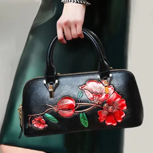 Garden Charm Leather Satchel Handbag - Black/Green/Maroon - One Size