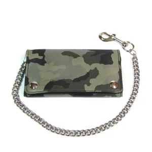GCF339  Credit Card Tri-Fold Wallet w/ Chain- Gray Camo Print