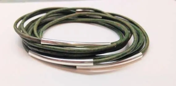 Genuine Leather Silver Plated Distressed Green Wrap Bracelet