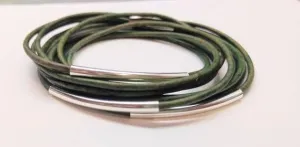 Genuine Leather Silver Plated Distressed Green Wrap Bracelet