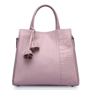 Genuine Leather Tote Handbags With Flowers Pink