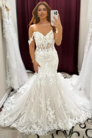 Gorgeous Off the Shoulder Mermaid Lace Appliques Wedding Dress