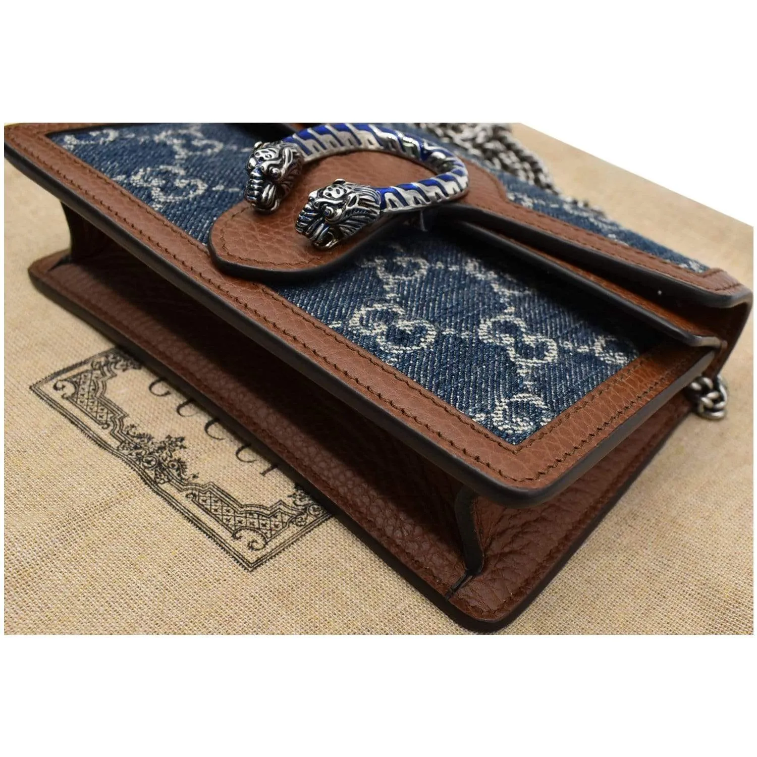 GUCCI Dionysus Super Mini GG Jacquard Denim Chain Shoulder Bag Dark Blue 476432