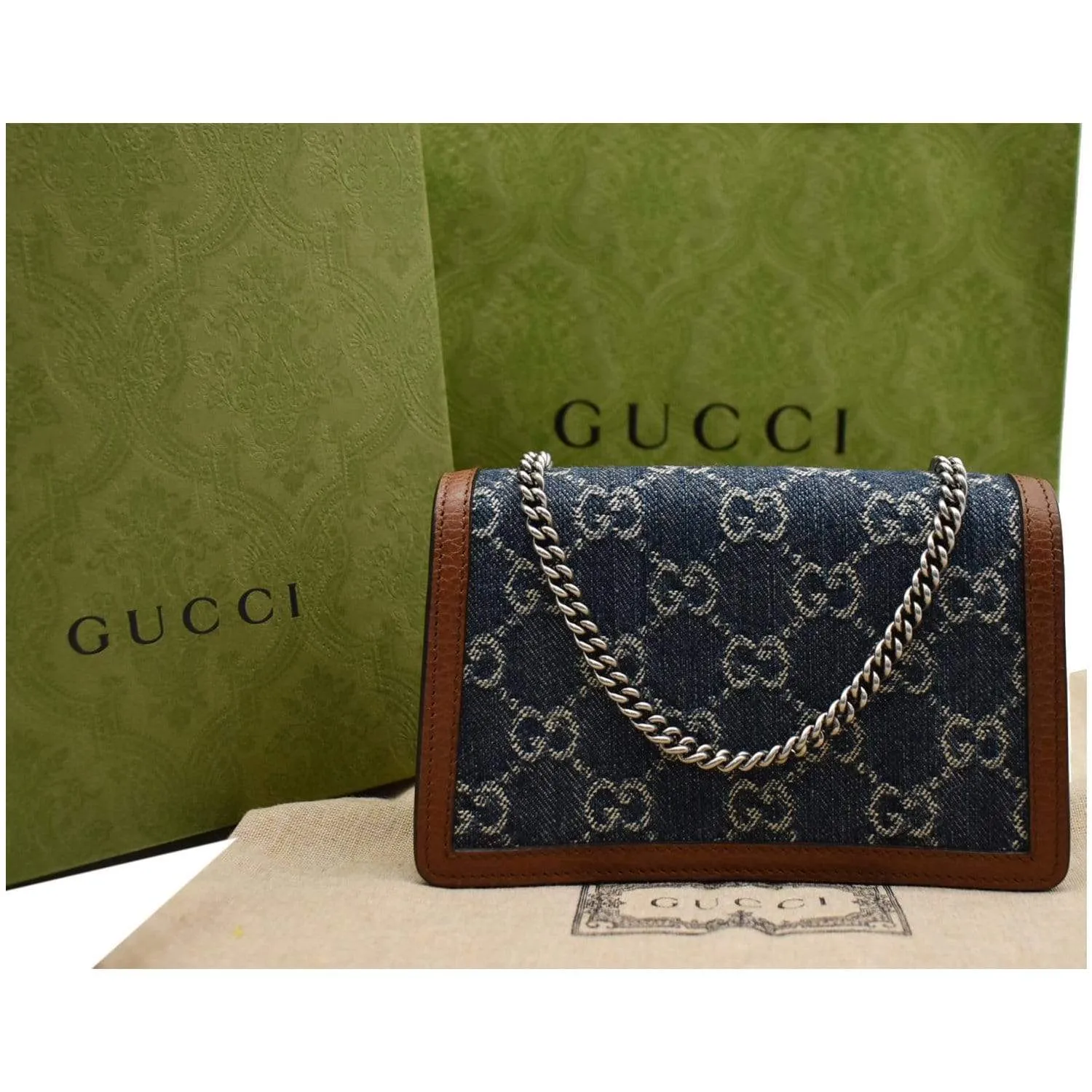 GUCCI Dionysus Super Mini GG Jacquard Denim Chain Shoulder Bag Dark Blue 476432