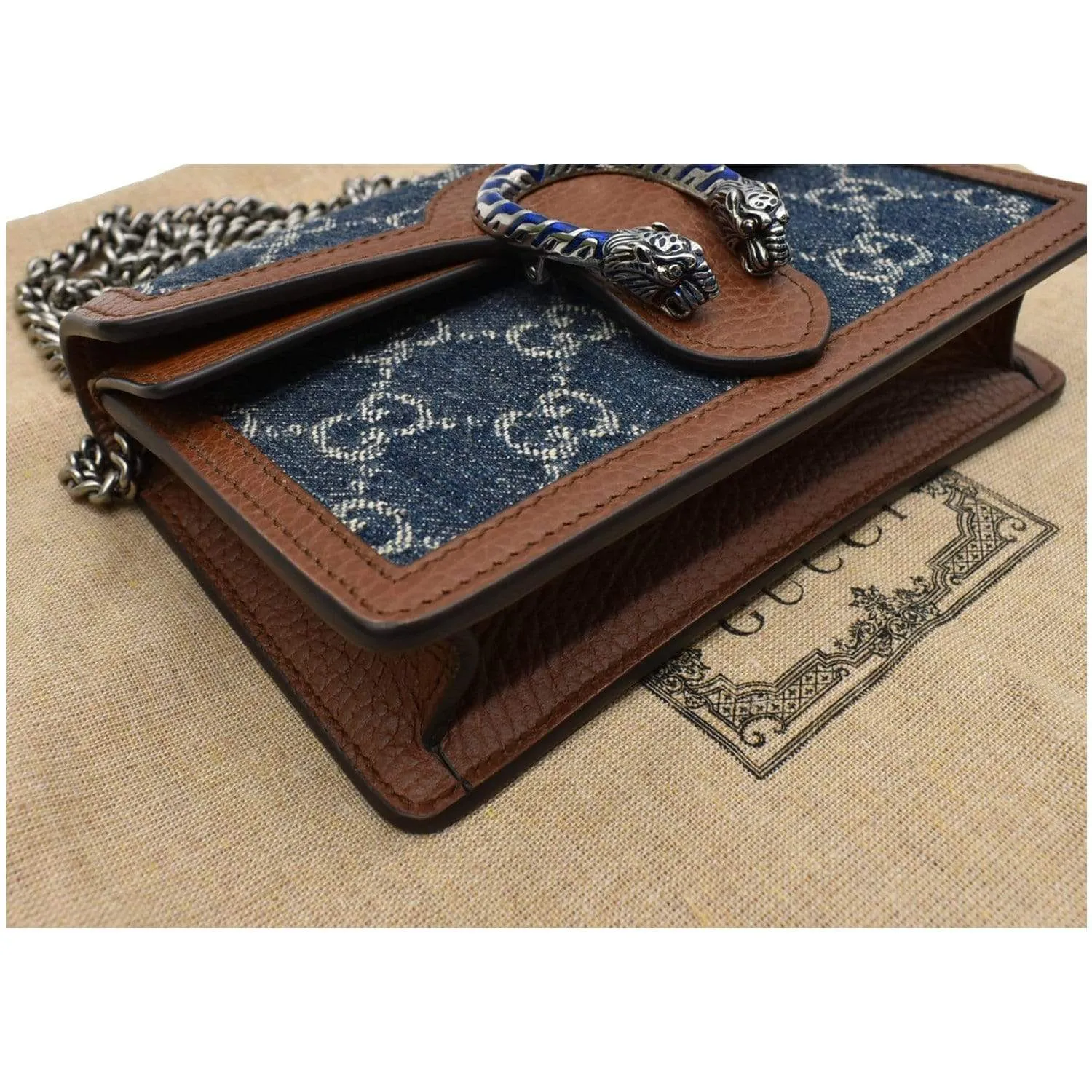 GUCCI Dionysus Super Mini GG Jacquard Denim Chain Shoulder Bag Dark Blue 476432