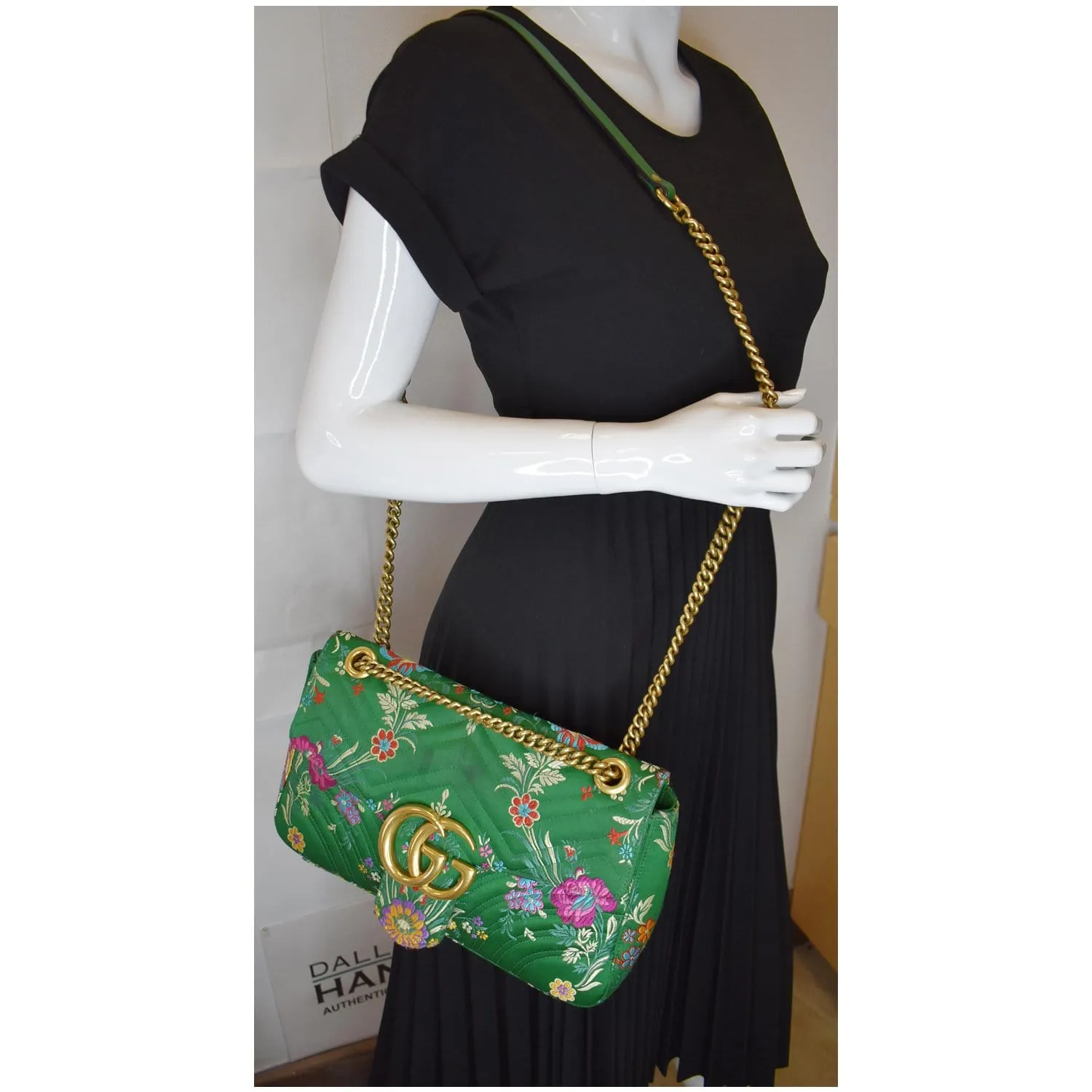 GUCCI GG Marmont Floral Medium Jacquard Matelasse Shoulder Bag Green 443496