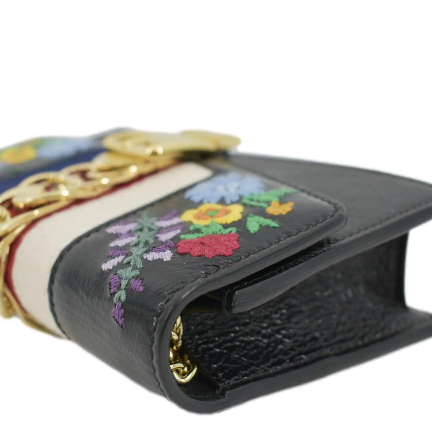GUCCI Sylvie Super Mini Embroidered Leather Crossbody Chain Wallet Black 494646