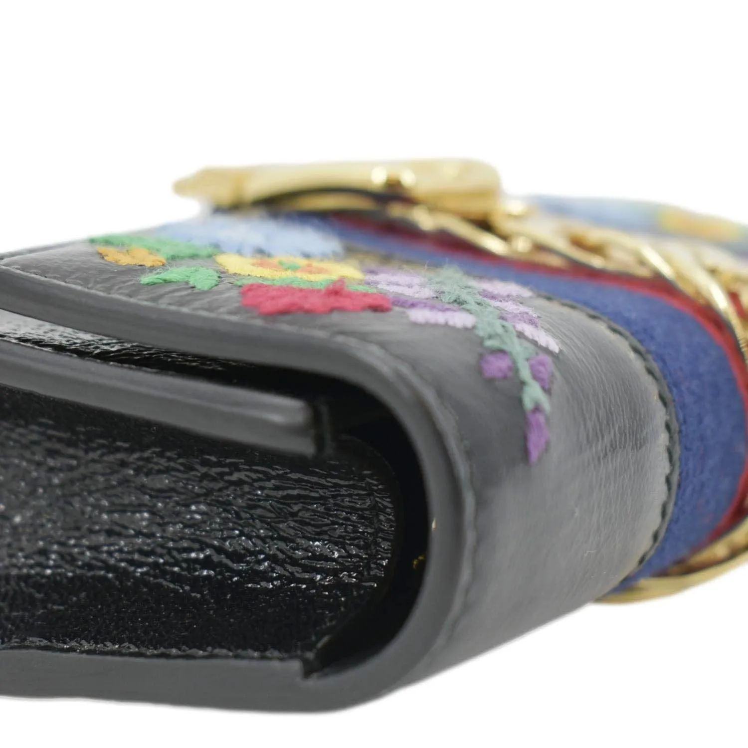 GUCCI Sylvie Super Mini Embroidered Leather Crossbody Chain Wallet Black 494646