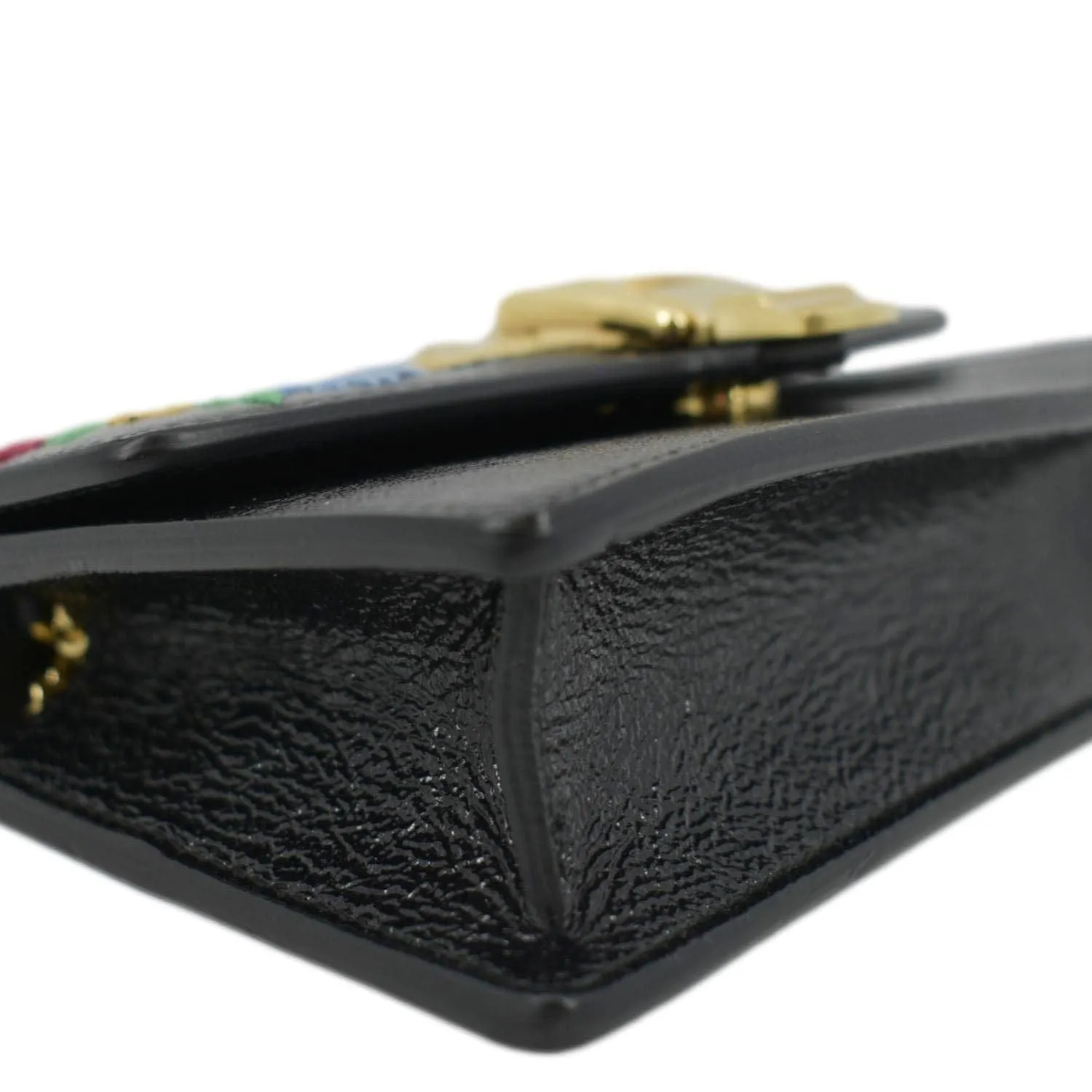 GUCCI Sylvie Super Mini Embroidered Leather Crossbody Chain Wallet Black 494646