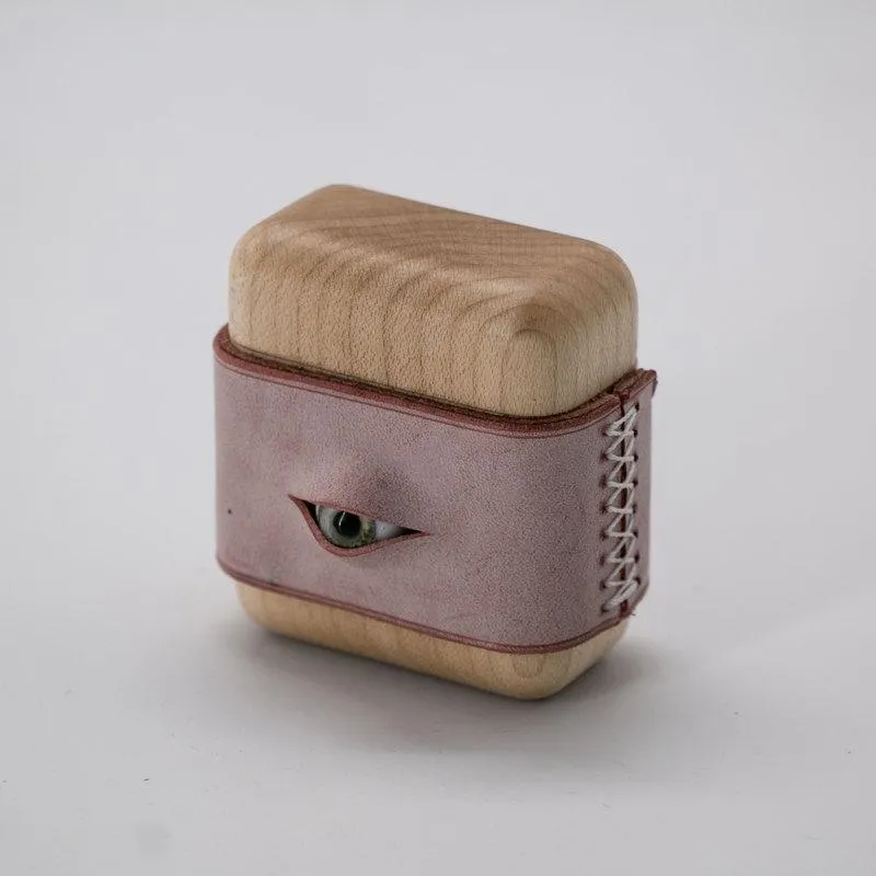 Handmade Blue Leather Wood AirPods 1,2 Case with Eye Custom Leather AirPods 1,2 Case Airpod Case Cover
