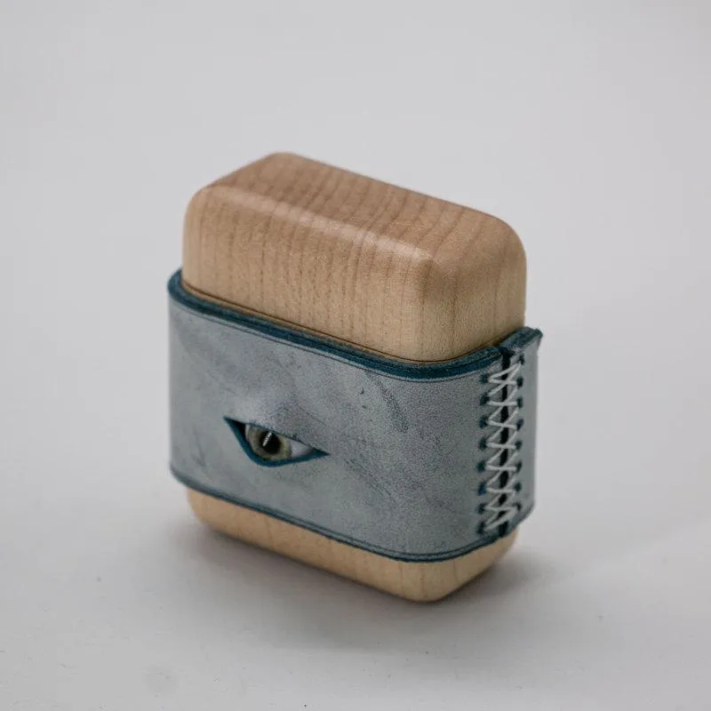 Handmade Blue Leather Wood AirPods 1,2 Case with Eye Custom Leather AirPods 1,2 Case Airpod Case Cover