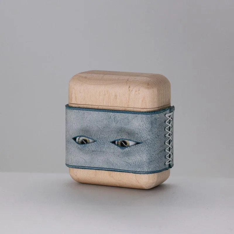 Handmade Blue Leather Wood AirPods 1,2 Case with Eyes Custom Leather AirPods 1,2 Case Airpod Case Cover
