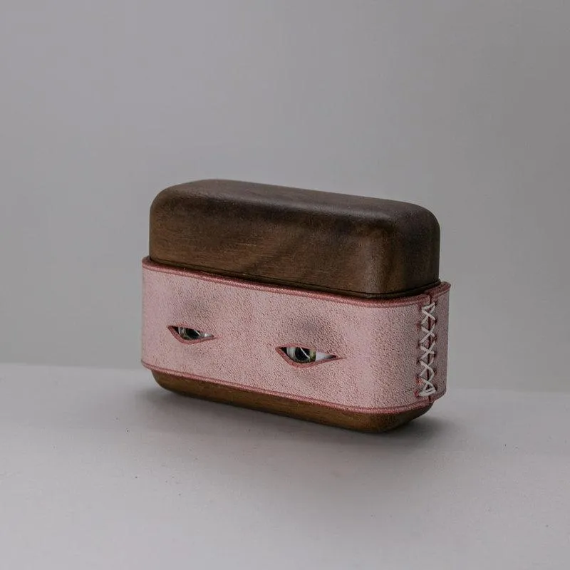 Handmade Pink Leather Coffee Wood AirPods Pro Case with Eyes Custom Leather AirPods Pro Case Airpod Case Cover