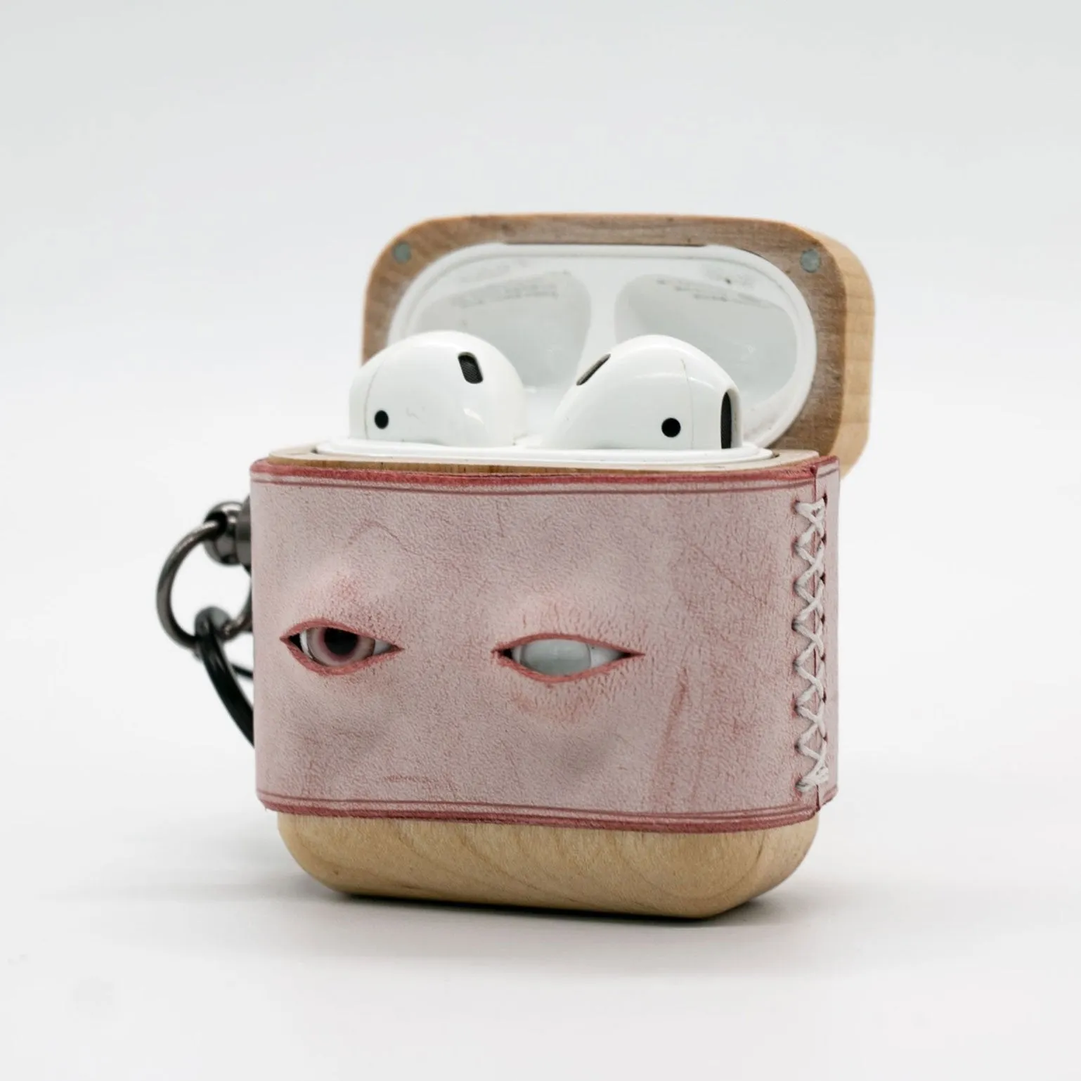 Handmade Pink Leather Coffee Wood AirPods Pro Case with Eyes Custom Leather AirPods Pro Case Airpod Case Cover
