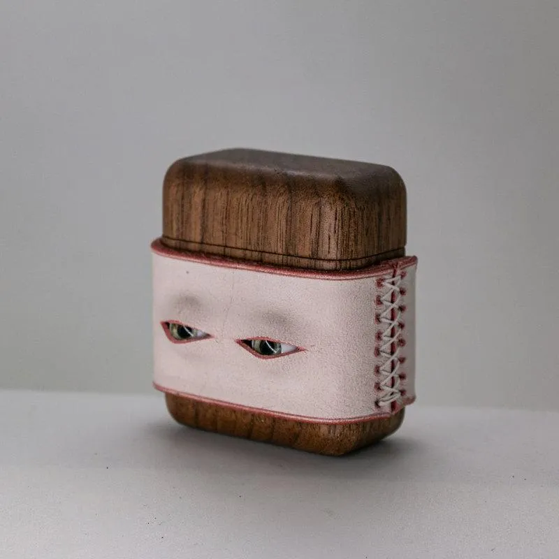 Handmade Pink Leather Coffee Wood AirPods Pro Case with Eyes Custom Leather AirPods Pro Case Airpod Case Cover