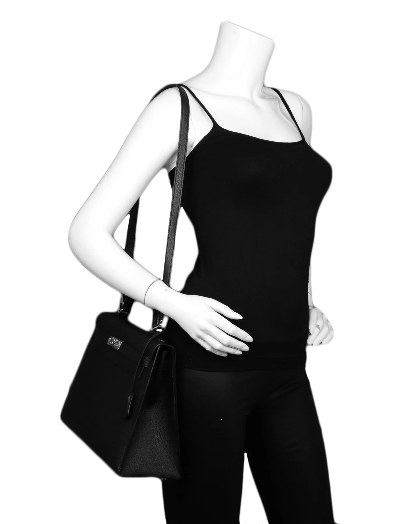 Hermes Black Epsom Leather 32cm Sellier Kelly Bag w/ Strap Lock & Clochette