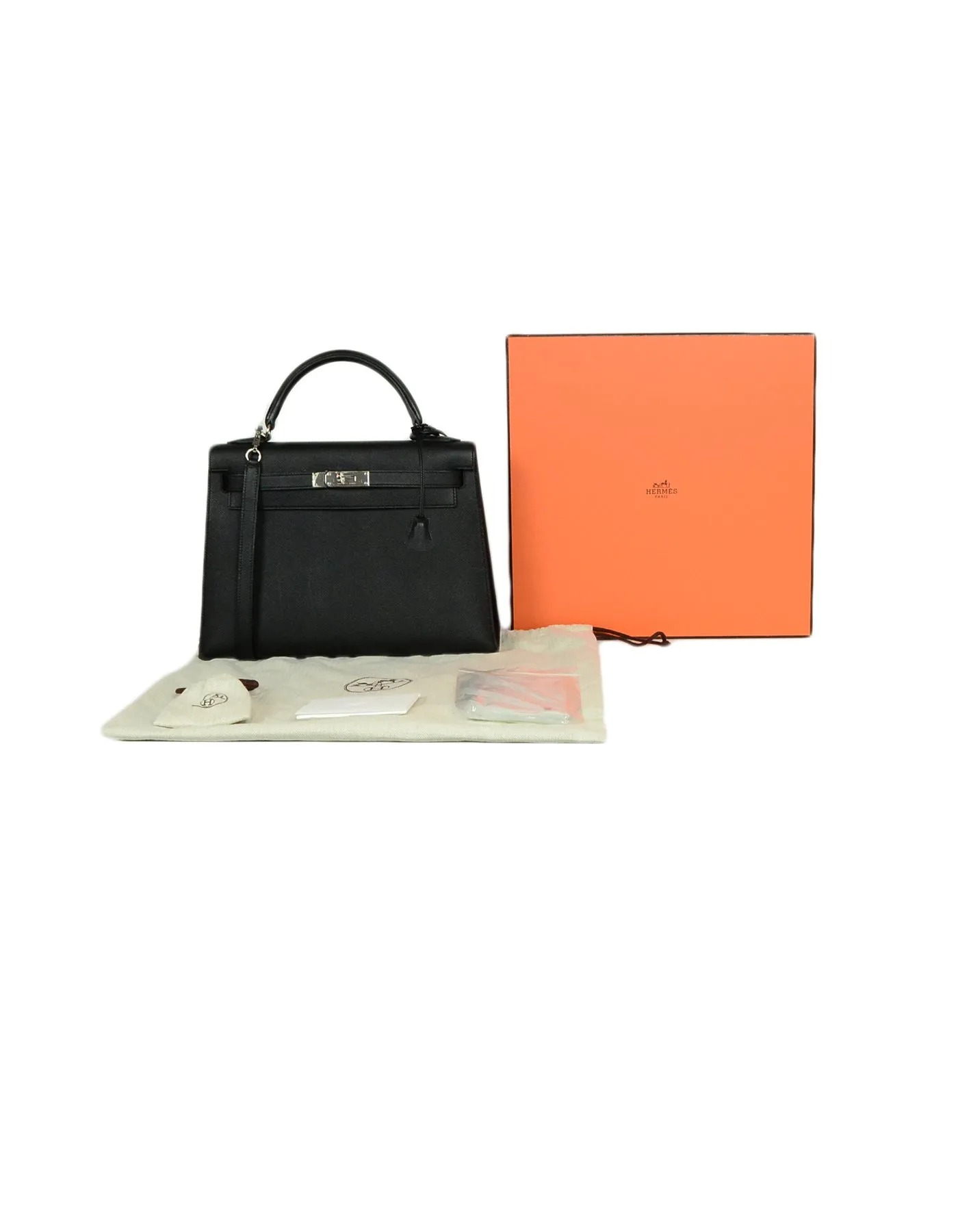 Hermes Black Epsom Leather 32cm Sellier Kelly Bag w/ Strap Lock & Clochette