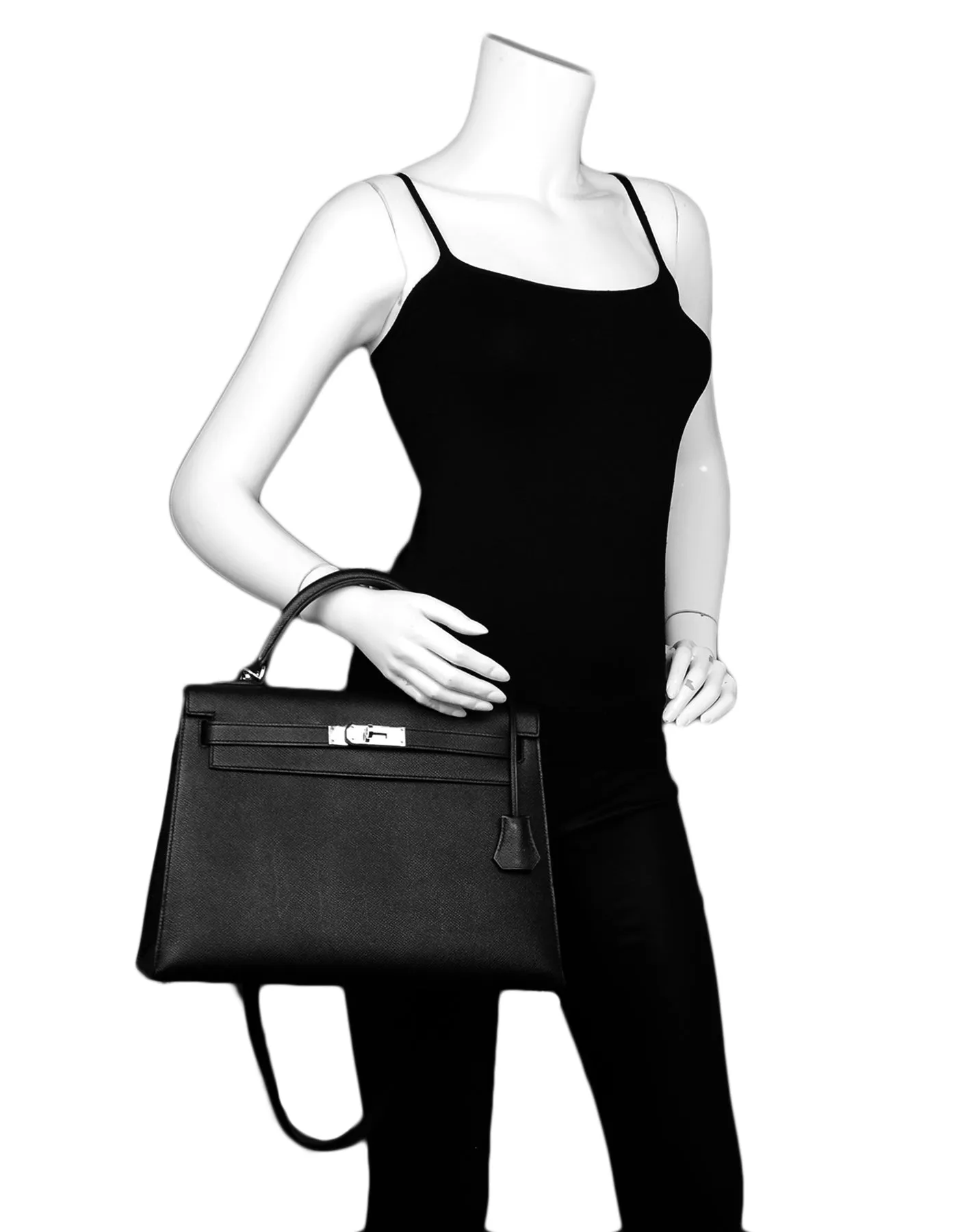 Hermes Black Epsom Leather 32cm Sellier Kelly Bag w/ Strap Lock & Clochette